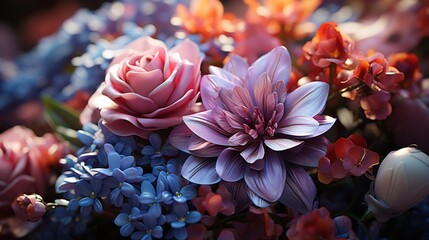 a bouquet of flowers is shown with green blue red and purple flowers.