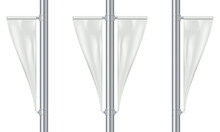 Blank Street Light Pole Fabric Banner Isolated On White Background Vector Mock-up.  Triangular Streetlight Display Sign Realistic Mockup. Template For Design
