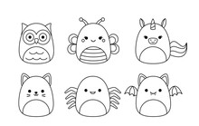 Owl, Butterfly, Spider, Cat, Unicorn, Bat. Squishmallow Coloring Page Vector