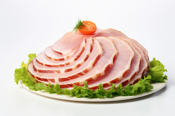 Poster - Sliced ham on white background.