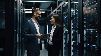 Man and woman in server room, racks, technology, internet