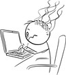 Tired Person Working on Computer, Vector Cartoon Stick Figure Illustration