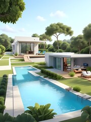 A modern resort with bea a beautiful backyard view and with swimming pool design