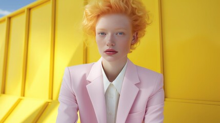 Creative portrait Young beautiful blonde model. Fashionable, contemporary styling of bright pastel pink and yellow color.