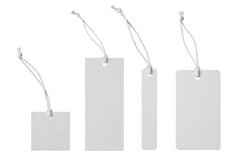 various shape of blank white paper label or cloth tag set isolated on white, transparent background,