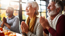 Seniors Engaged In A Heartfelt Thanksgiving Prayer, Happy Seniors Celebrating Thanksgiving, Wide Banner With Copy Space Area Generative AI