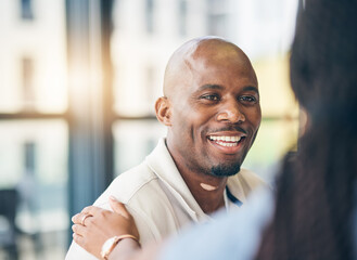 Canvas Print - Support, businessman and woman with hand on shoulder in care, kindness and empathy at work together. Teamwork, gratitude and smile, motivation for happy black man and manager in office collaboration.