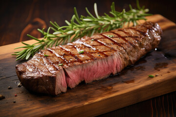 Wall Mural - Juicy medium Beef Rib Eye steak slices in pan on wooden board with fork and knife herbs spices and salt.