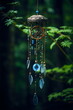 blue wind chime hanging from tree in woods