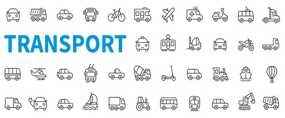 ransport and vehicle icons set. Contains such icons as auto, bike, scooter, bulldozer, bus, cable, car, helicopter and more. Outline web icon collection. Line style - stock vector