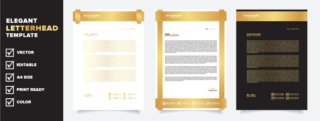 gold luxury letterhead design template, modern corporate company stationery, bundle flier design, a4 format editable layout golden color