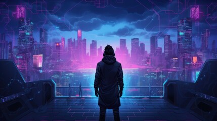 Wall Mural - Cyberpunk hacker in a futuristic setting