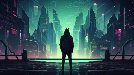 Cyberpunk hacker in a futuristic setting