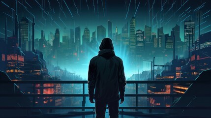 Wall Mural - Cyberpunk hacker in a futuristic setting