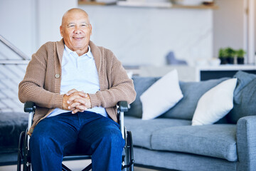 Sticker - Senior man, portrait and wheelchair in retirement house with a smile from elderly care. Confidence, relax and living room with male person with a disability from Mexico happy in a old age home