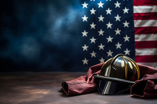 A firefighters helmet and an American flag