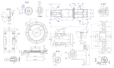 Wall Mural - vector engineering drawing of a steel mechanical parts with through holes. industrial cad scheme on 
