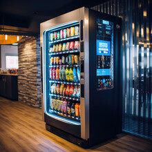 Futuristic Vending Machines Full Of Beverages And Snacks Vector Illustration