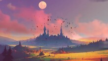 A Castle Surrounded By Birds On A Red Cloudy Full Moon In Illustration Looping Video Design