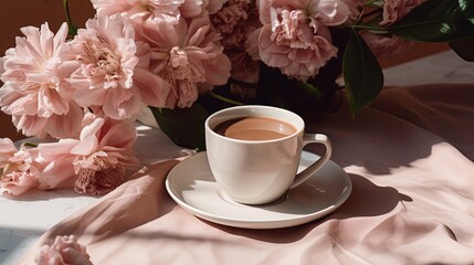 Wall Mural - top view close up a cup of coffee with pink flower branch bouquet, Generative Ai