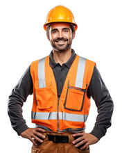 Male Construction Worker In Helmet And Orange Vest, Smiling, Isolated On White Transparent Background, Png
