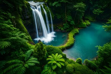 An Areal View of a Lush Jungle with Waterfall and Fog - AI Generative