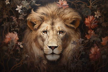 Aufkleber - lion with flowers on background