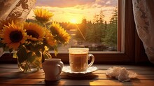 Beautiful View From Second Floor Window Of A Rustic House In Rural Countryside, A Cup Of Coffee With Sunflower Bouquet In Jar, Generative Ai