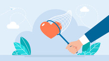 Businessman Trying To Catch Heart In Butterfly Net. Searching For Passion, Motivation Or Work Inspiration, Finding Relationship, Romance Dating, Desire Or Aspiration Concept. Vector Illustration
