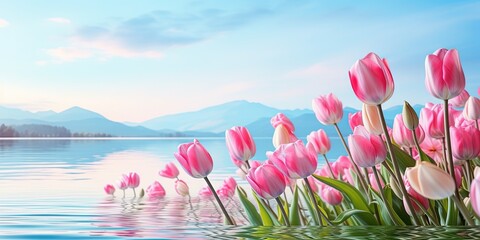 Wall Mural -  illustration background wallpaper of beautiful nature landscape of tulip flower field with snow mountain and mirror lake, Generative Ai