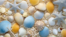 Top View Abstract Background Of Seashells And Starfish On Sandy Beach, Fine Grain And Dry Sand Beach, Generative Ai