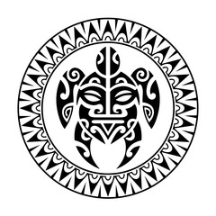 Wall Mural - Sea turtle geometrical round circle ornament Maori style. Tattoo sketch. Black and white