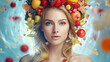 Beautiful woman with fresh fruits around her head. Close-up. Light blue background with water splashes.