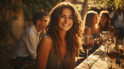 Wall Mural - Friends toasting wine in a vineyard in the daytime outdoors.