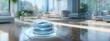 © sizsus - wireless futuristic vacuum hoover cleaning machine robot on schedule in a living room with HUD datum data and controls, concept of internet of things and smart home appliances a wide banner design