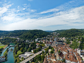 Wall Mural - Aerial view of Swiss City of Baden with Limmat River, old town and bridge on a sunny summer noon. Photo taken August 19th, 2023, Baden, Canton Aargau, Switzerland.