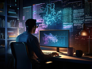 On Labor Day, a dedicated coder meticulously fashions code, symbolizing tech's resolute commitment, in a modern office illuminated by dual monitors radiating intense focus