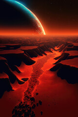Wall Mural - Awe-inspiring landscape of red planet, fantastical terrain complete with jagged mountains and craggy rocks