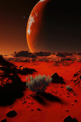 Wall Mural - Awe-inspiring landscape of red planet, fantastical terrain complete with jagged mountains and craggy rocks