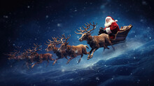 Santa Claus Is Flying On A Sleigh With Reindeer