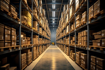 Wall Mural - Interior of a modern warehouse storage of retail shop with pallet truck near shelves