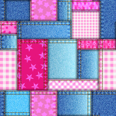 Fototapete - Textille patchwork pattern. Pink and denim in Barbie style. Seamless Vector image.