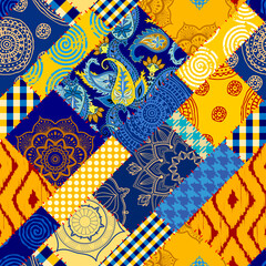 Fototapete - Textile patchwork pattern with blue and yellow colors. Vector image