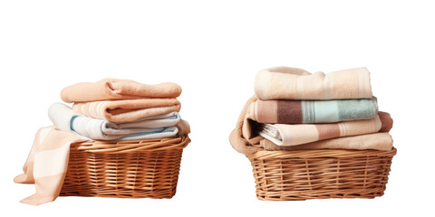 Wall Mural - Basket of clean towels on a wooden table with transparent background