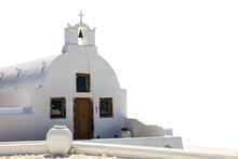 Greek Island Church Isolated On White Transparent Background. PNG. Santorini, Greece.