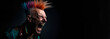 Portrait of elderly mature senior rock star musician man with a multicolored mohawk shouts loudly. Screaming yelling man. Copy space. Banner.