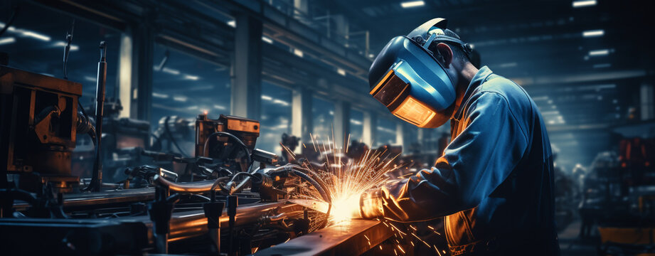 welder in a protective mask welds steel parts. Generative Ai.