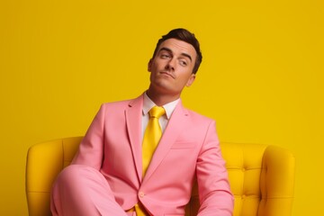 Confident handsome Caucasian stylish man guy male model in trendy pink suit businessman sitting in chair isolated on yellow wall background backdrop style fashion business luxury store shop discount