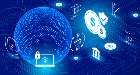 Fototapete - Global cyber commercial online security mobile banking, payment, exchange analysis, hacker business technology concept vector.