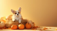 Dog Corgi With Autumn Leaves And Pumpkins Created With Generative AI Technology.